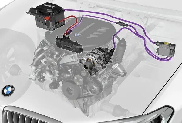 transparente 3d Darstellung der 48v Mild hybrid technik im motorraum
