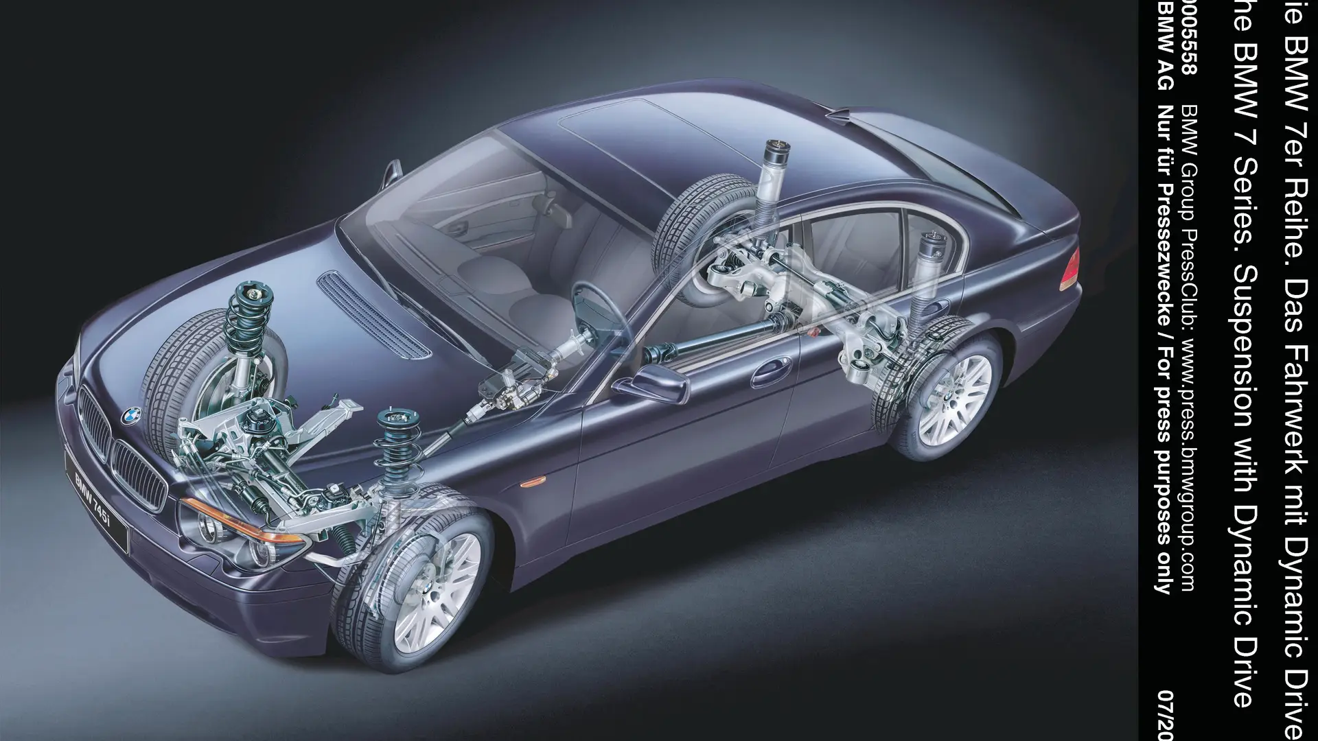 Transparente Darstellung eines BMW 7er mit sichtbarer Karosseriestruktur, Airbags und technischen Komponenten