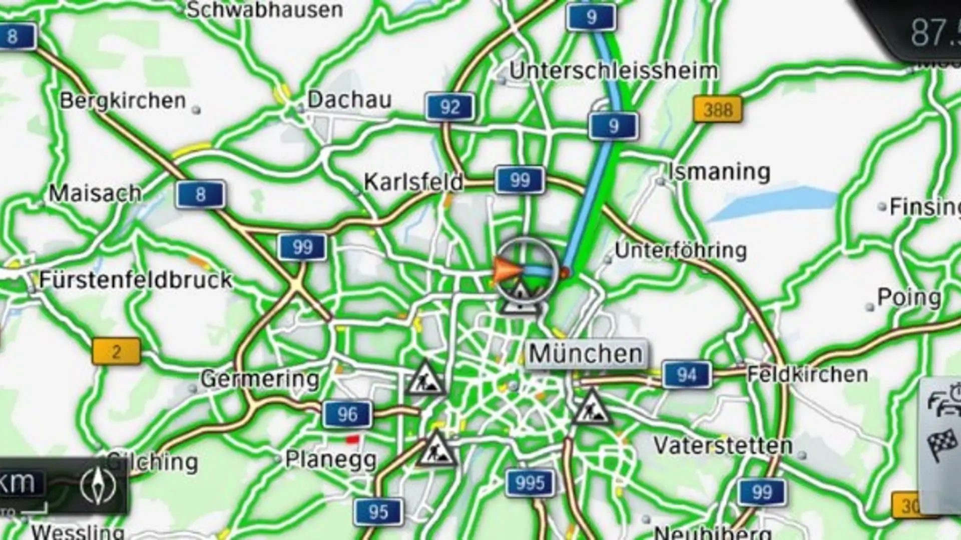 BMW Navigationskarte im RTTI ConnectedDrive mit Echtzeit-Verkehrsdarstellung