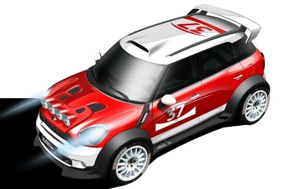 Designskizze eines roten MINI Countryman WRC mit Rennbeklebung und Rallye-Optik