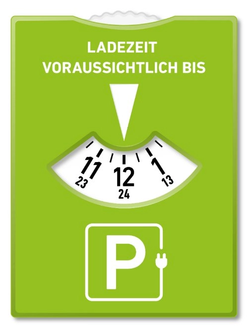 Parkscheibe als grünes Hinweisschild mit Parksymbol und Text „Ladezeit voraussichtlich bis“