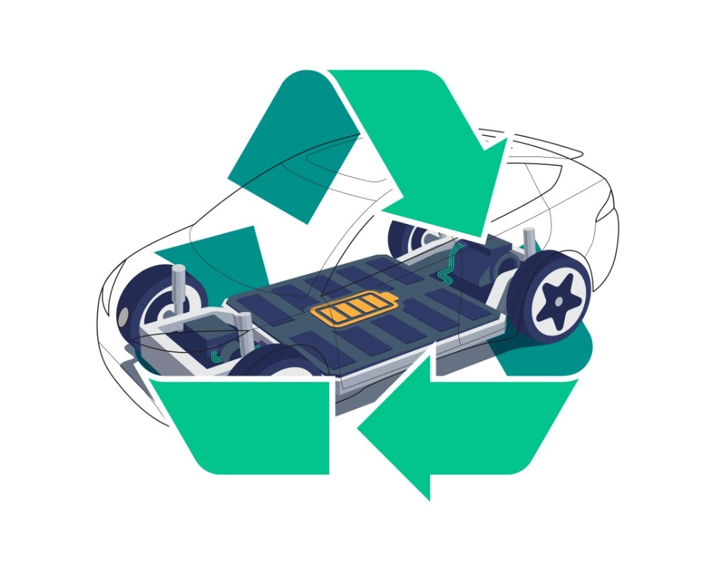 transparentes Auto mit sichtbarer batterie und recycling symbol