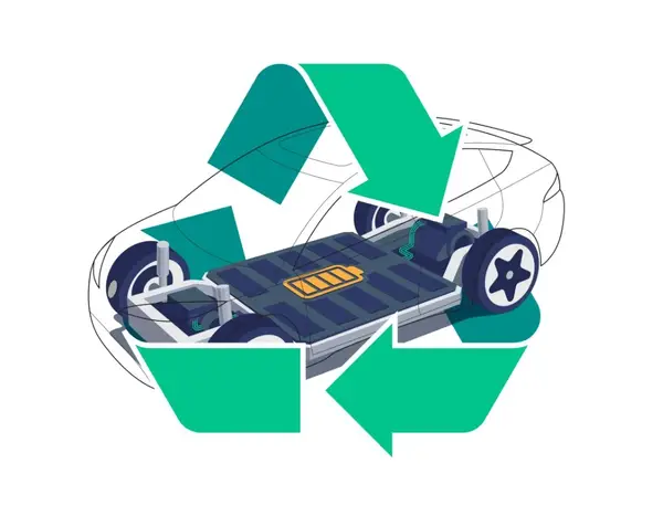 transparentes Auto mit sichtbarer batterie und recycling symbol