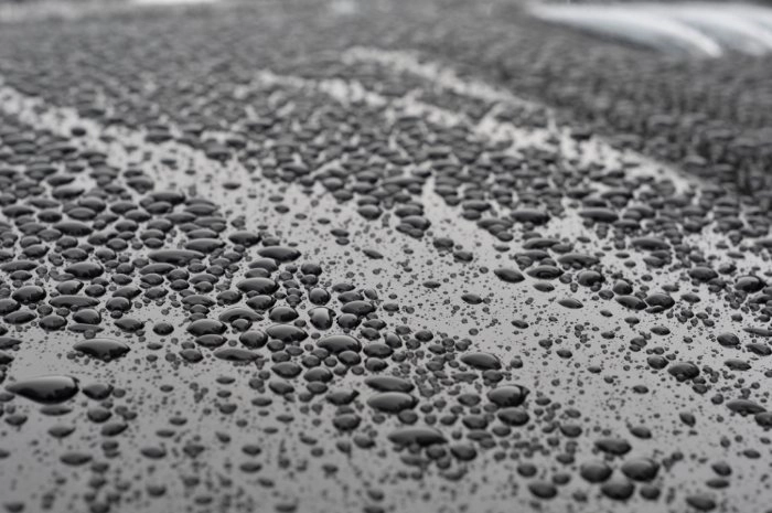 Wassertropfen perlen durch Lotus-Effekt von einer lackierten Fahrzeugoberfläche ab