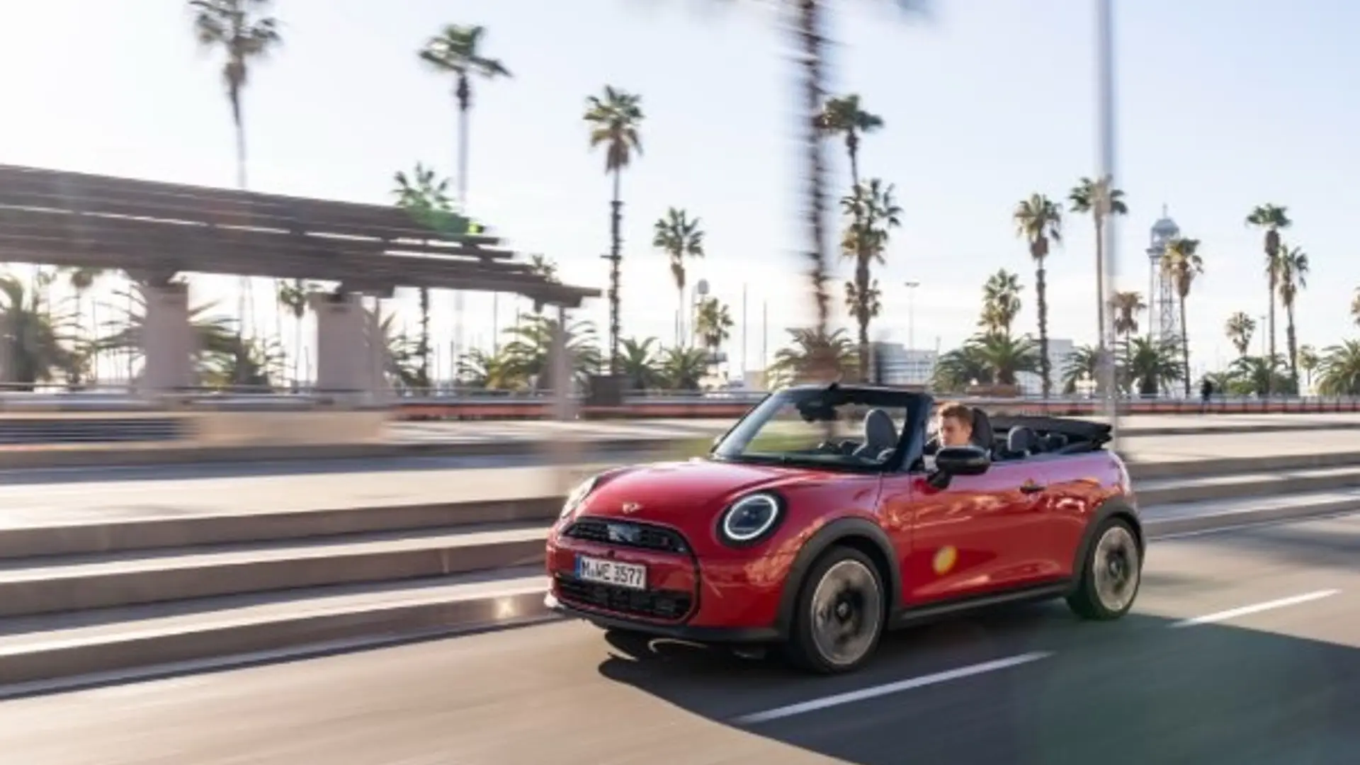 Roter Mini Cooper fährt eine Straße entlang im Hintergrund sind Palmen zu sehen