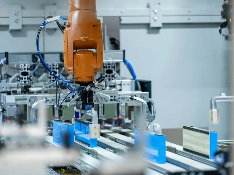 Industrieroboter montiert Batteriemodule in einer Produktionshalle