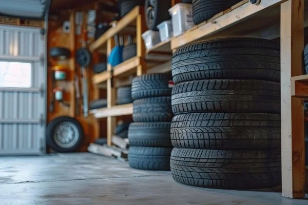 zwei Reifenstapel in einer Garage, die auf dem Boden lagern