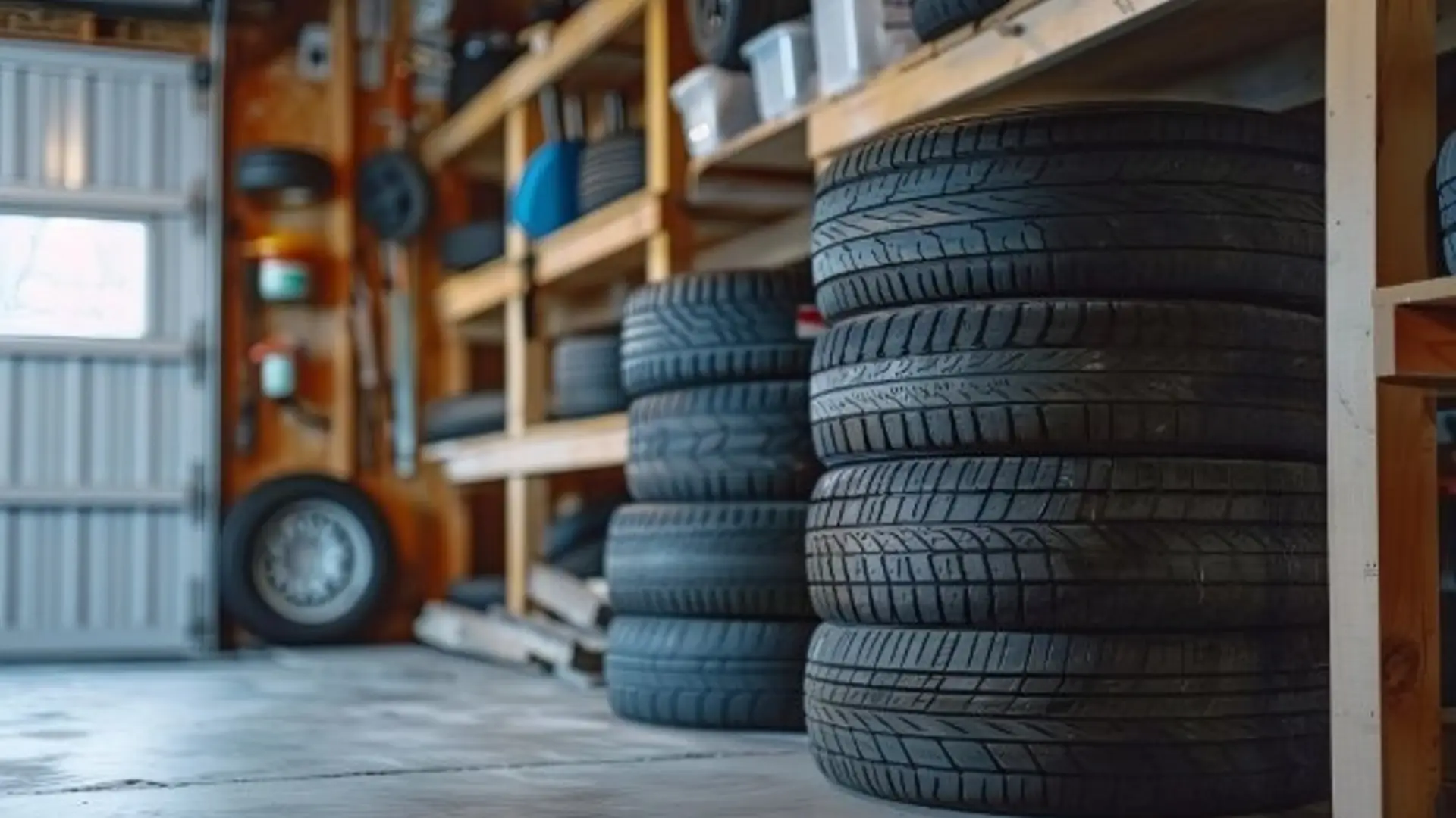 zwei Reifenstapel in einer Garage, die auf dem Boden lagern
