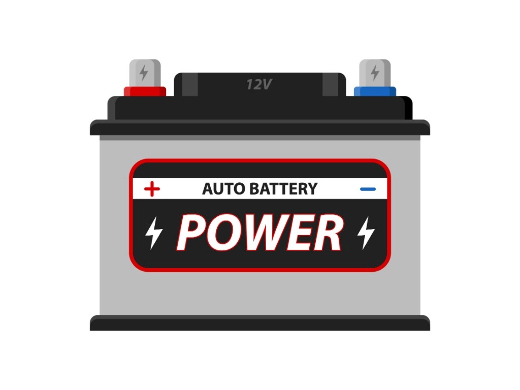 Starterbatterie mit Aufdruck „Auto Battery Power“ und Plus- und Minuspolen