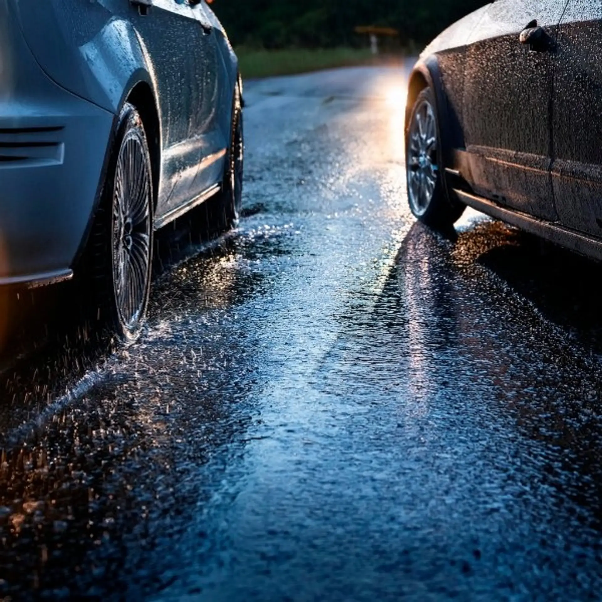 zwei Autos, die nebeneinander im Regen stehen auf sehr nasser Straße