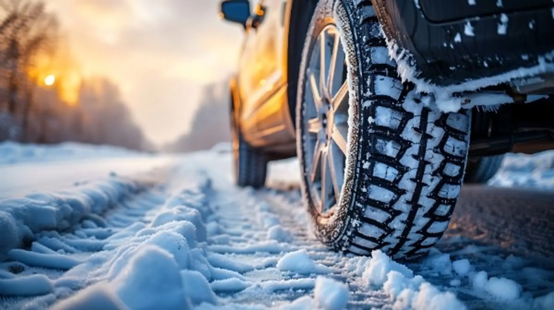 Detailansicht eines Autoreifens auf schneebedeckter Straße