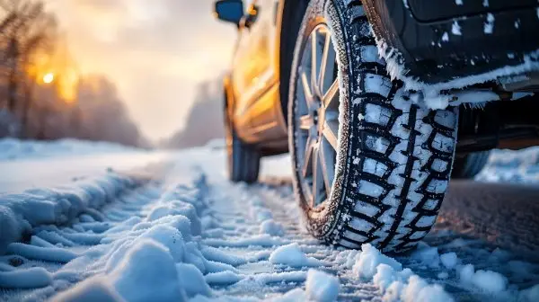 Detailansicht eines Autoreifens auf schneebedeckter Straße