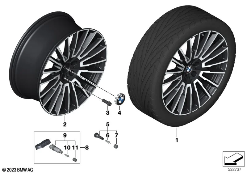BMW Alufelge Vielspeiche 1055I bicolor (jet black uni/hochglanzpoliert) 10,5Jx21 ET44 7er G70